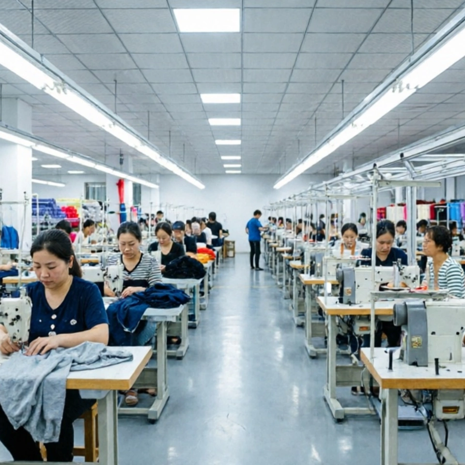 Garment factory worker inspecting fabric quality on production line