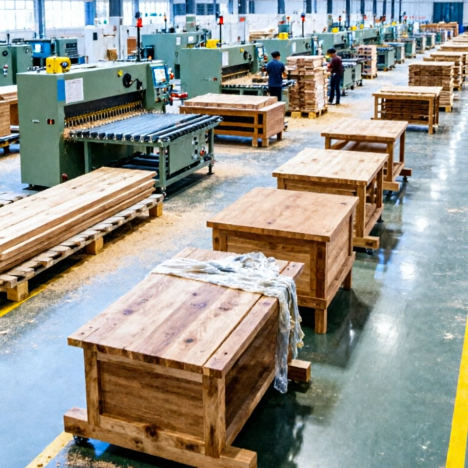 Photo of a furniture factory worker inspecting the quality of a chair component, with a clipboard in hand.