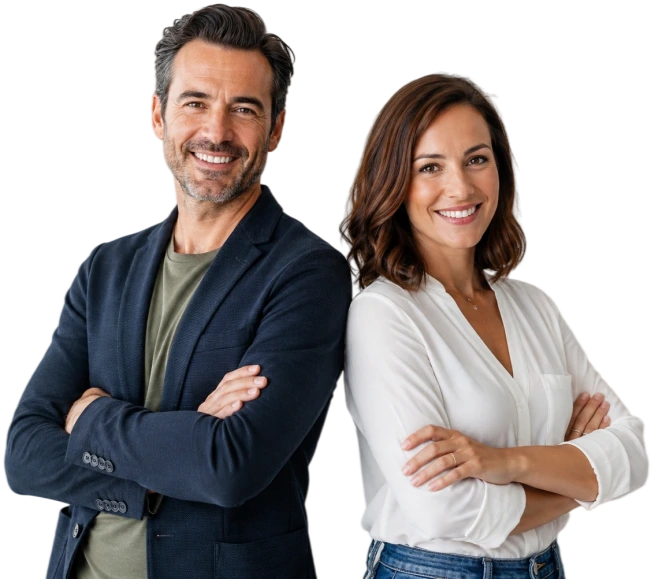Two confident small-business importers smiling
