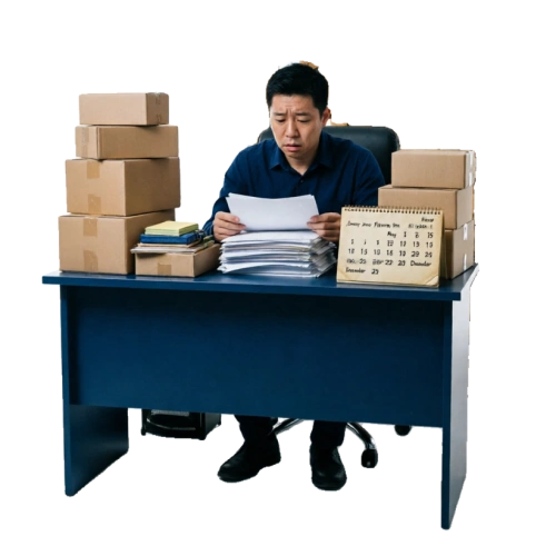 Exhausted small-business owner buried in supplier emails and sample boxes
