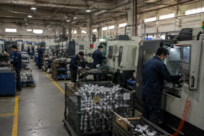 Domestic Chinese factory floor with real production activity, no English branding